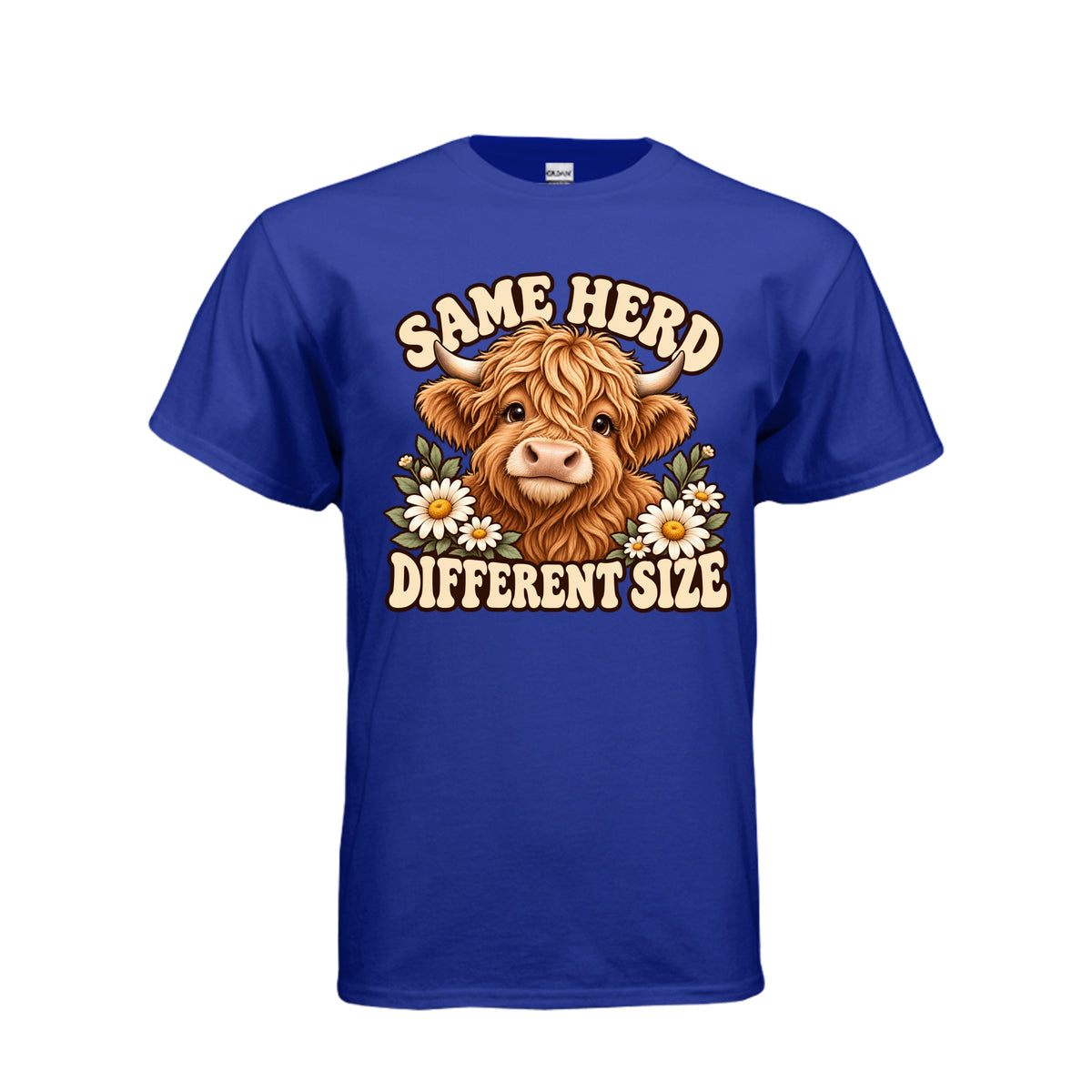 Blue Adult T-shirt with Highland cow, daisies, and “Same Herd Different Size” graphic