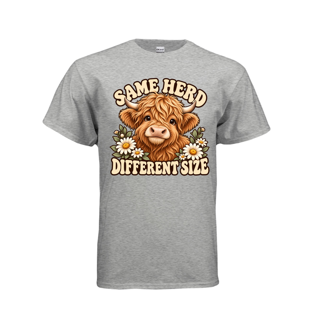 Gray Adult T-shirt with Highland cow, daisies, and “Same Herd Different Size” graphic