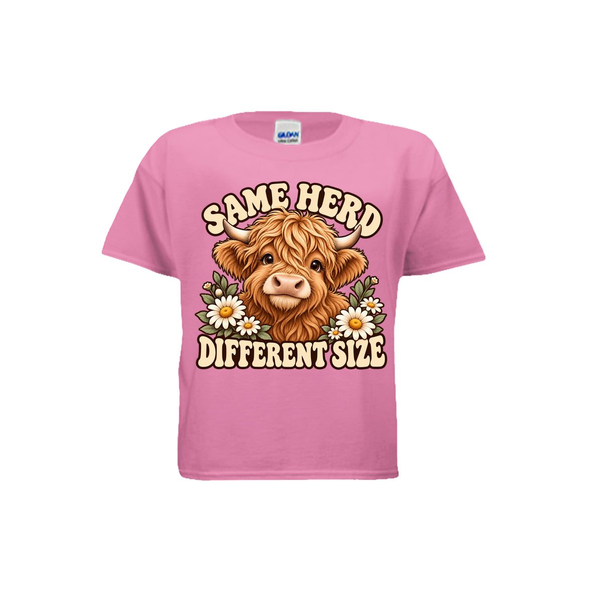 Pink youth T-shirt with Highland cow, daisies, and “Same Herd Different Size” graphic