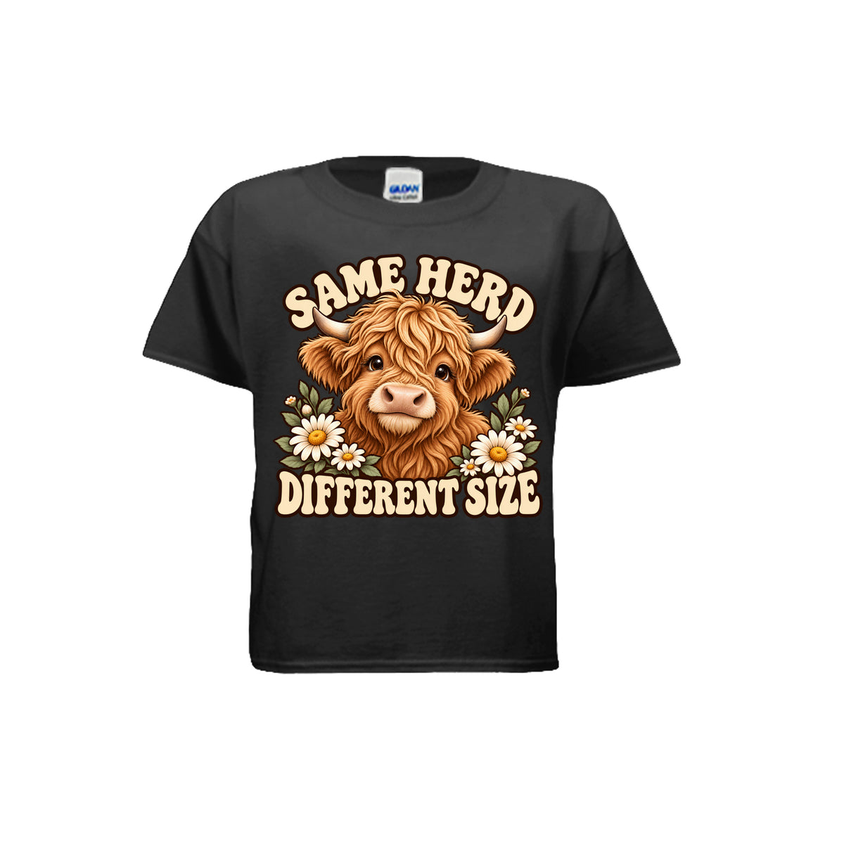 Black youth T-shirt with Highland cow, daisies, and “Same Herd Different Size” graphic