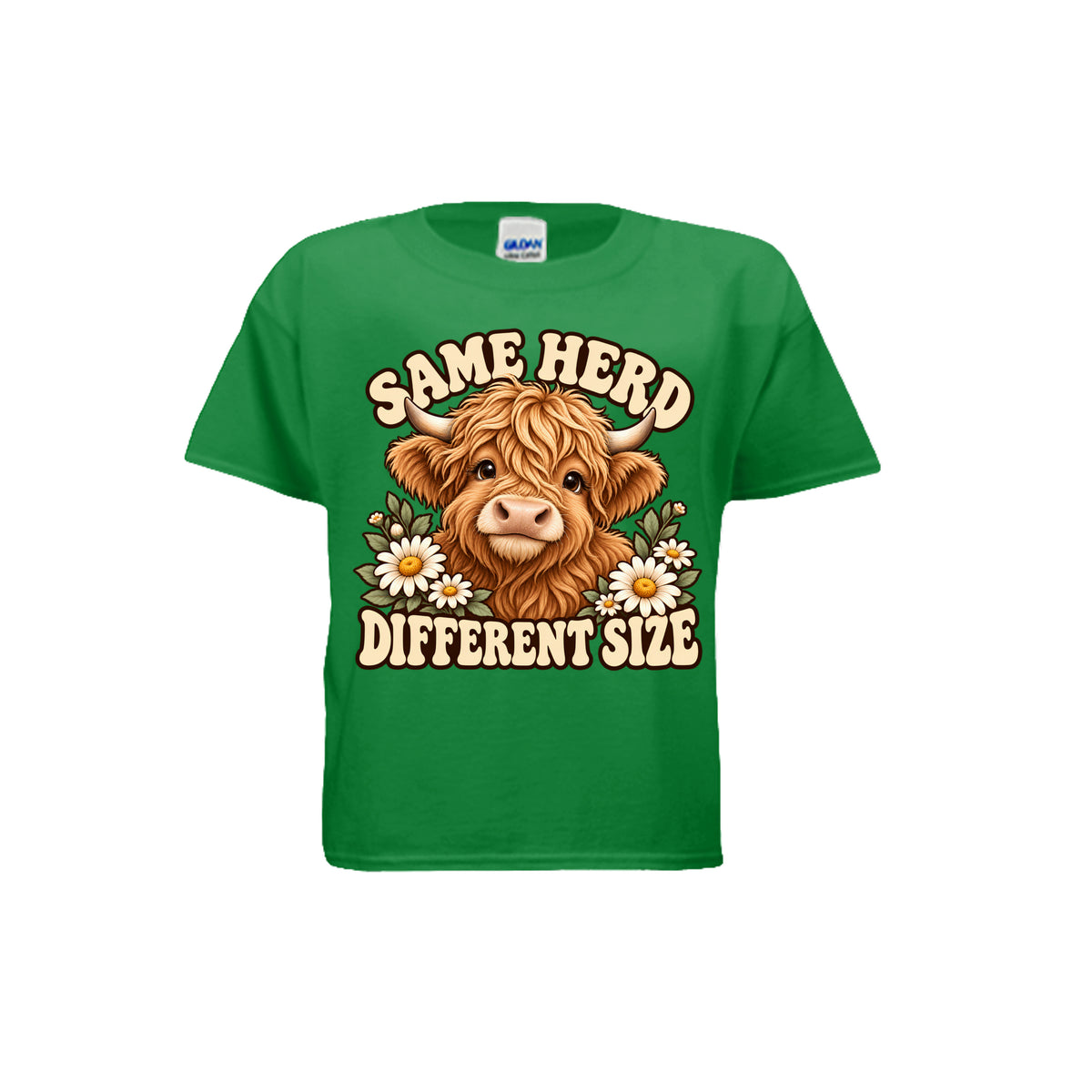 Green youth T-shirt with Highland cow, daisies, and “Same Herd Different Size” graphic