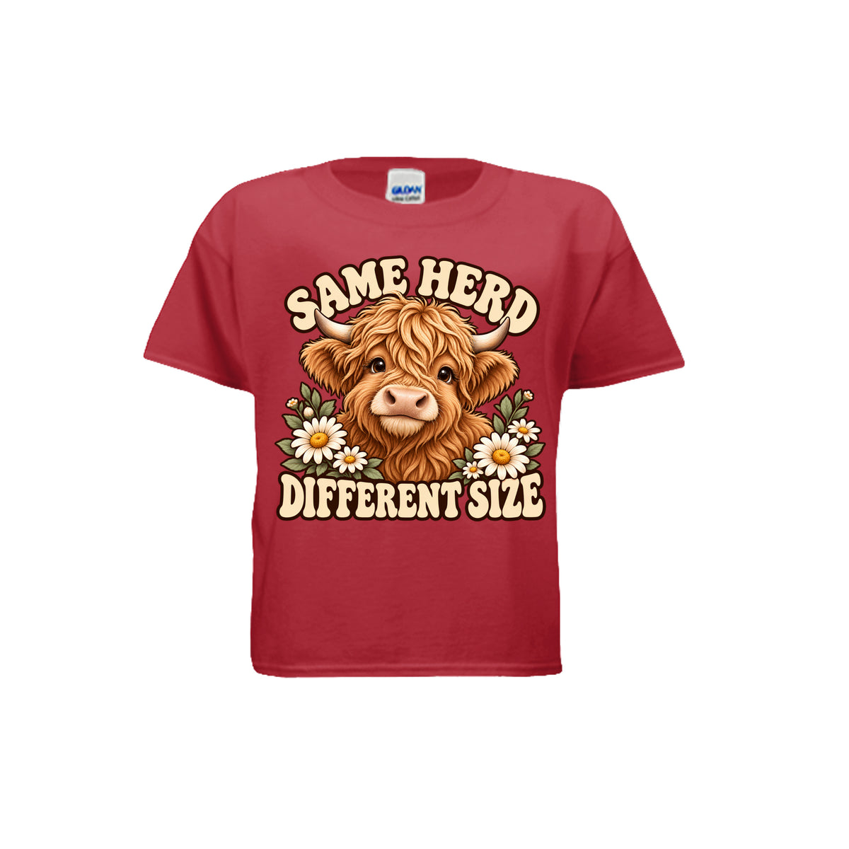 Red youth T-shirt with Highland cow, daisies, and “Same Herd Different Size” graphic