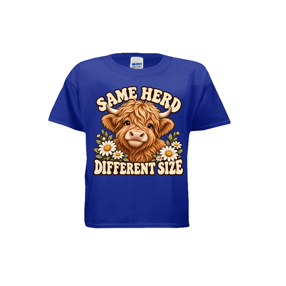 Blue youth T-shirt with Highland cow, daisies, and “Same Herd Different Size” graphic