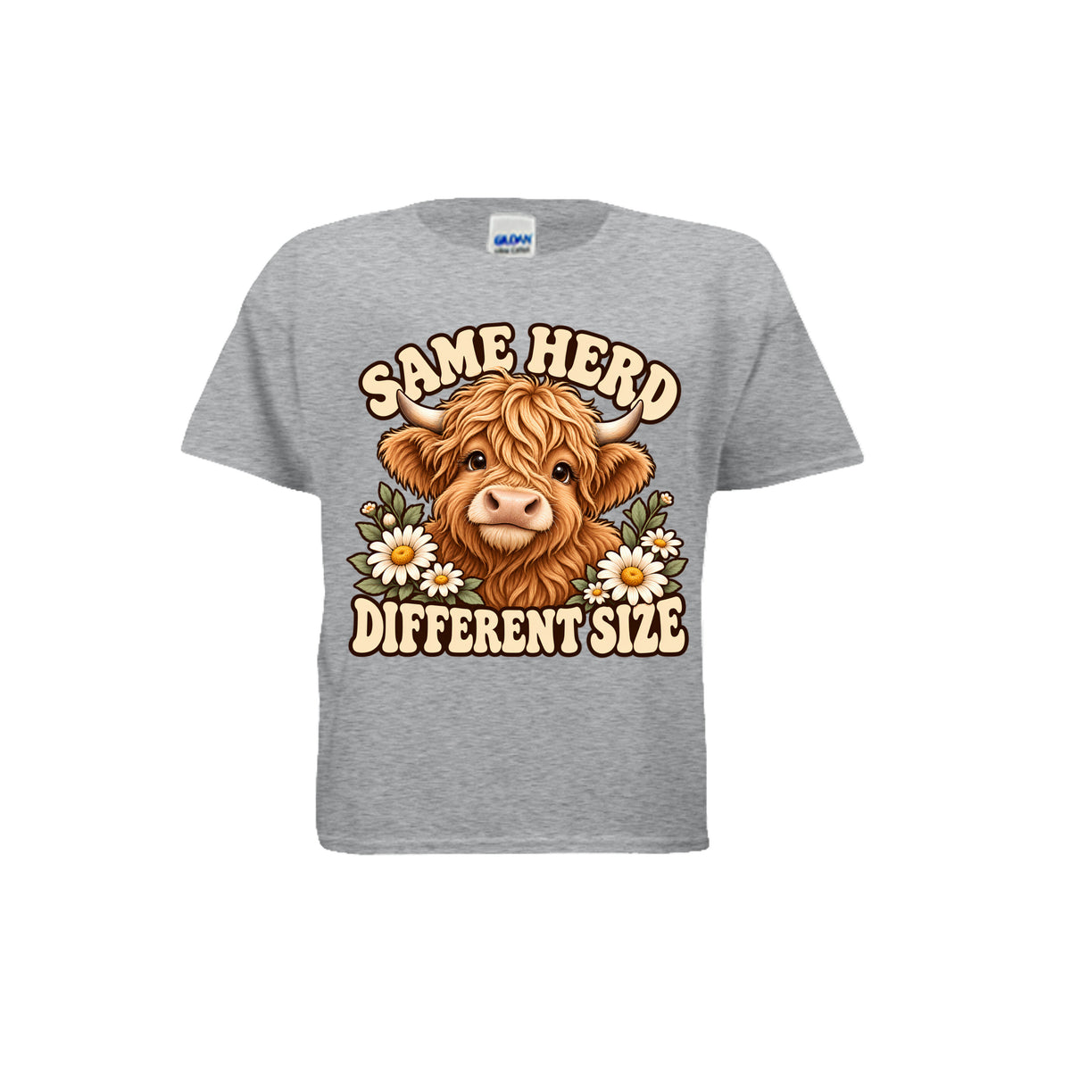 Gray youth T-shirt with Highland cow, daisies, and “Same Herd Different Size” graphic