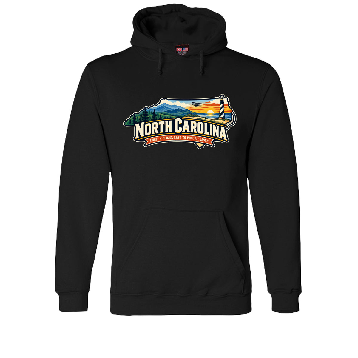 Black Funny North Carolina “First in Flight, Last to Pick a Season” design on a USA-made pullover hoodie