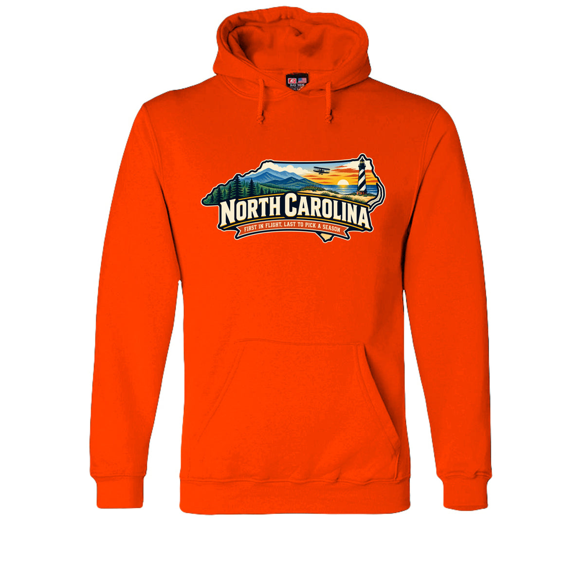 Bright Orange Funny North Carolina “First in Flight, Last to Pick a Season” design on a USA-made pullover hoodie