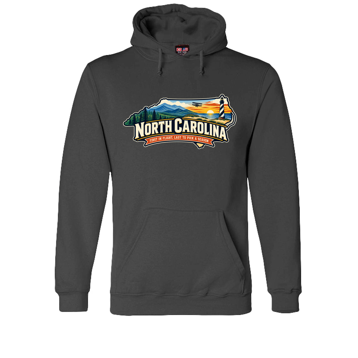 Charcoal Funny North Carolina “First in Flight, Last to Pick a Season” design on a USA-made pullover hoodie