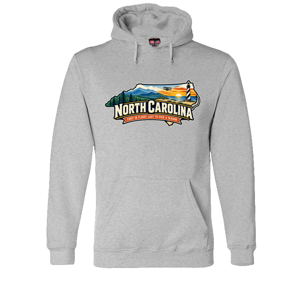 Dark Ash Funny North Carolina “First in Flight, Last to Pick a Season” design on a USA-made pullover hoodie