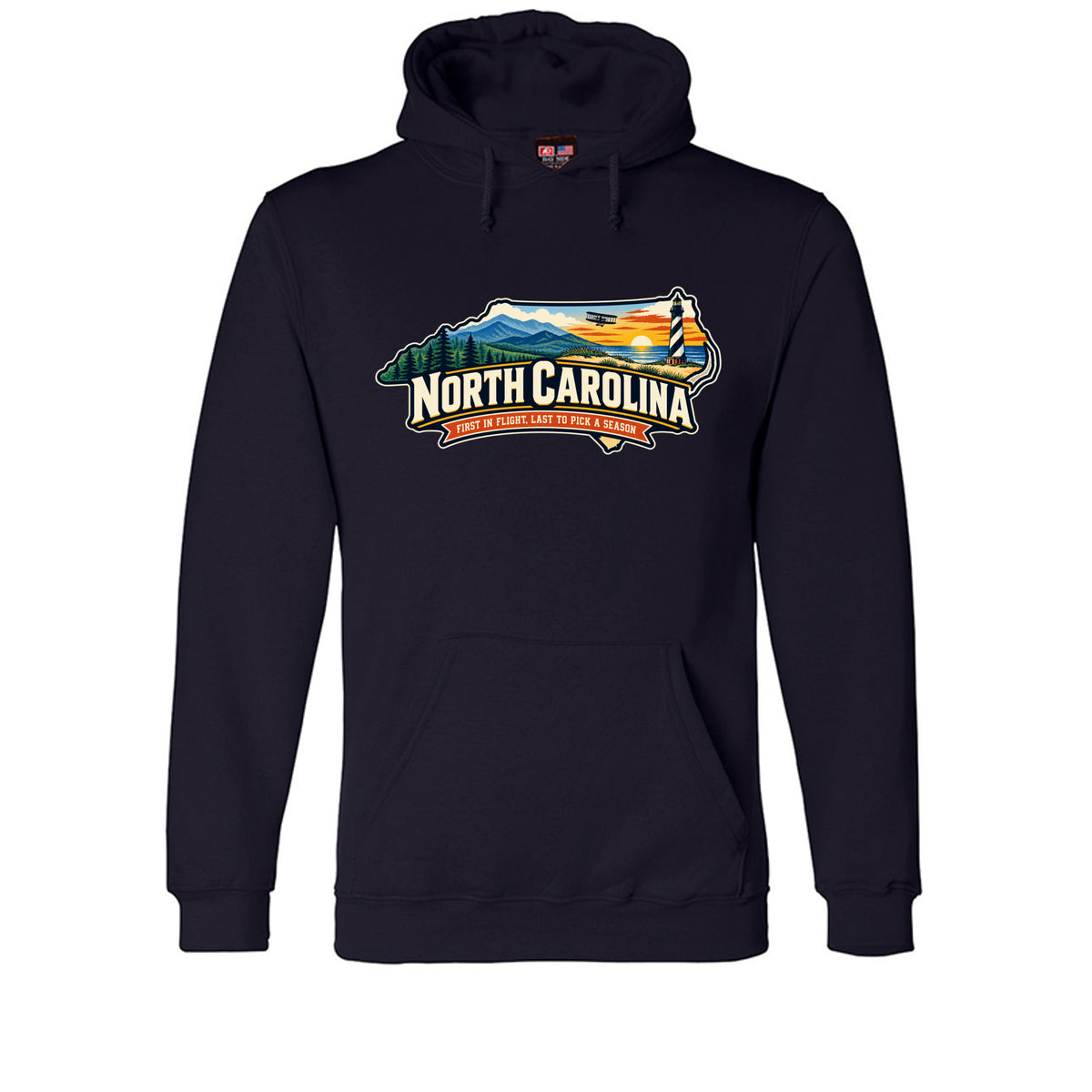 Navy Funny North Carolina “First in Flight, Last to Pick a Season” design on a USA-made pullover hoodie