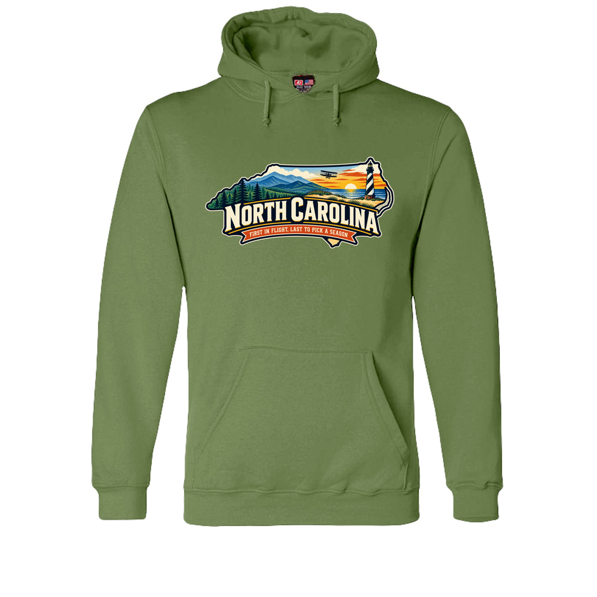 Olive Funny North Carolina “First in Flight, Last to Pick a Season” design on a USA-made pullover hoodie