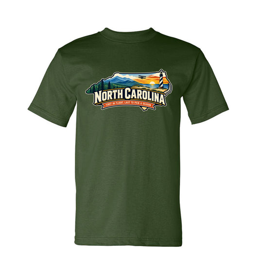 Army Funny North Carolina “First in Flight, Last to Pick a Season” design on a USA-made heavyweight T-shirt