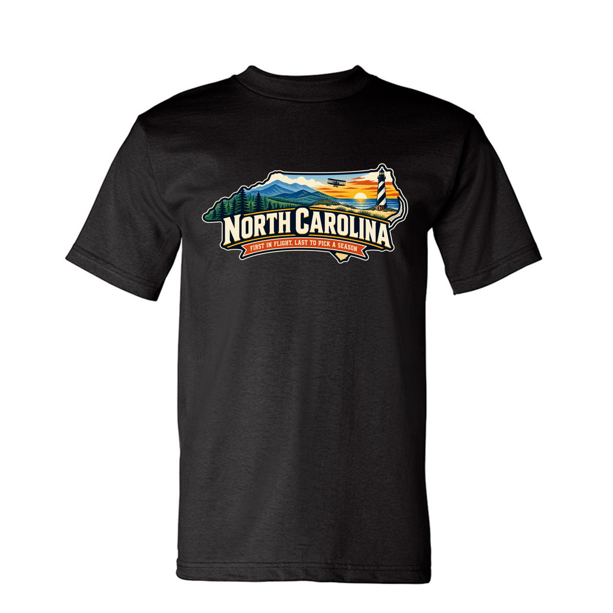 Black Funny North Carolina “First in Flight, Last to Pick a Season” design on a USA-made heavyweight T-shirt