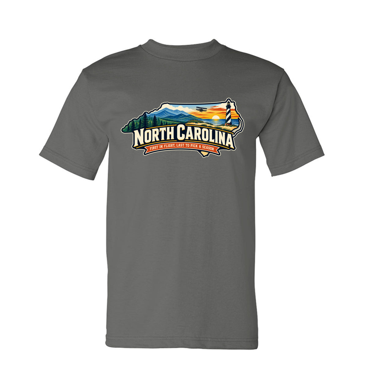 Charcoal Funny North Carolina “First in Flight, Last to Pick a Season” design on a USA-made heavyweight T-shirt