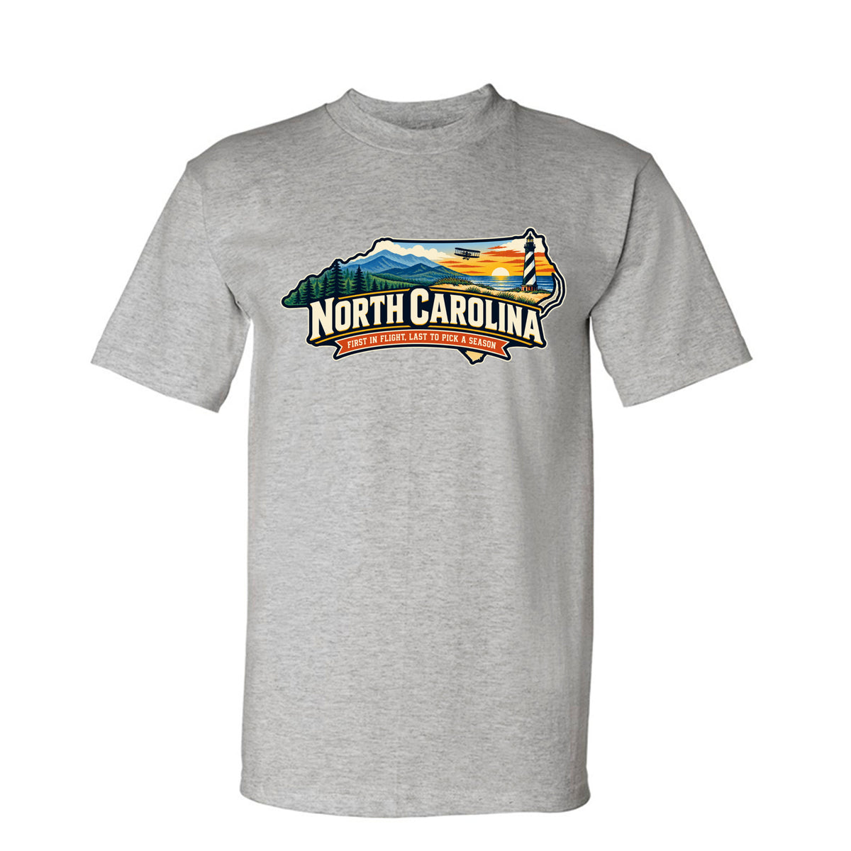 Dark Ash Funny North Carolina “First in Flight, Last to Pick a Season” design on a USA-made heavyweight T-shirt
