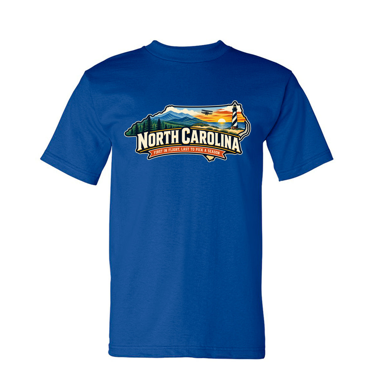 Royal Funny North Carolina “First in Flight, Last to Pick a Season” design on a USA-made heavyweight T-shirt