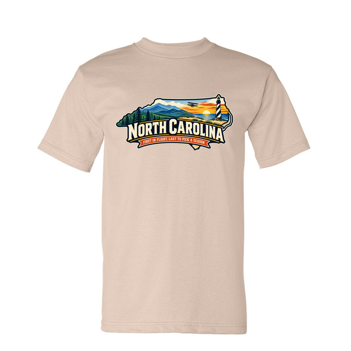 Sand Funny North Carolina “First in Flight, Last to Pick a Season” design on a USA-made heavyweight T-shirt