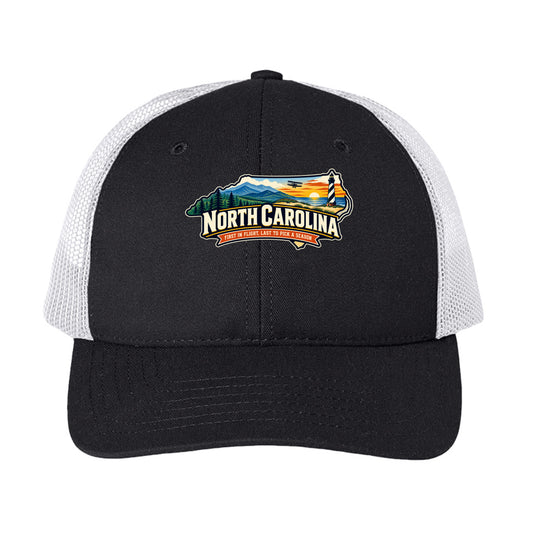 Black & White Funny North Carolina “First in Flight, Last to Pick a Season” design on a USA-made trucker hat