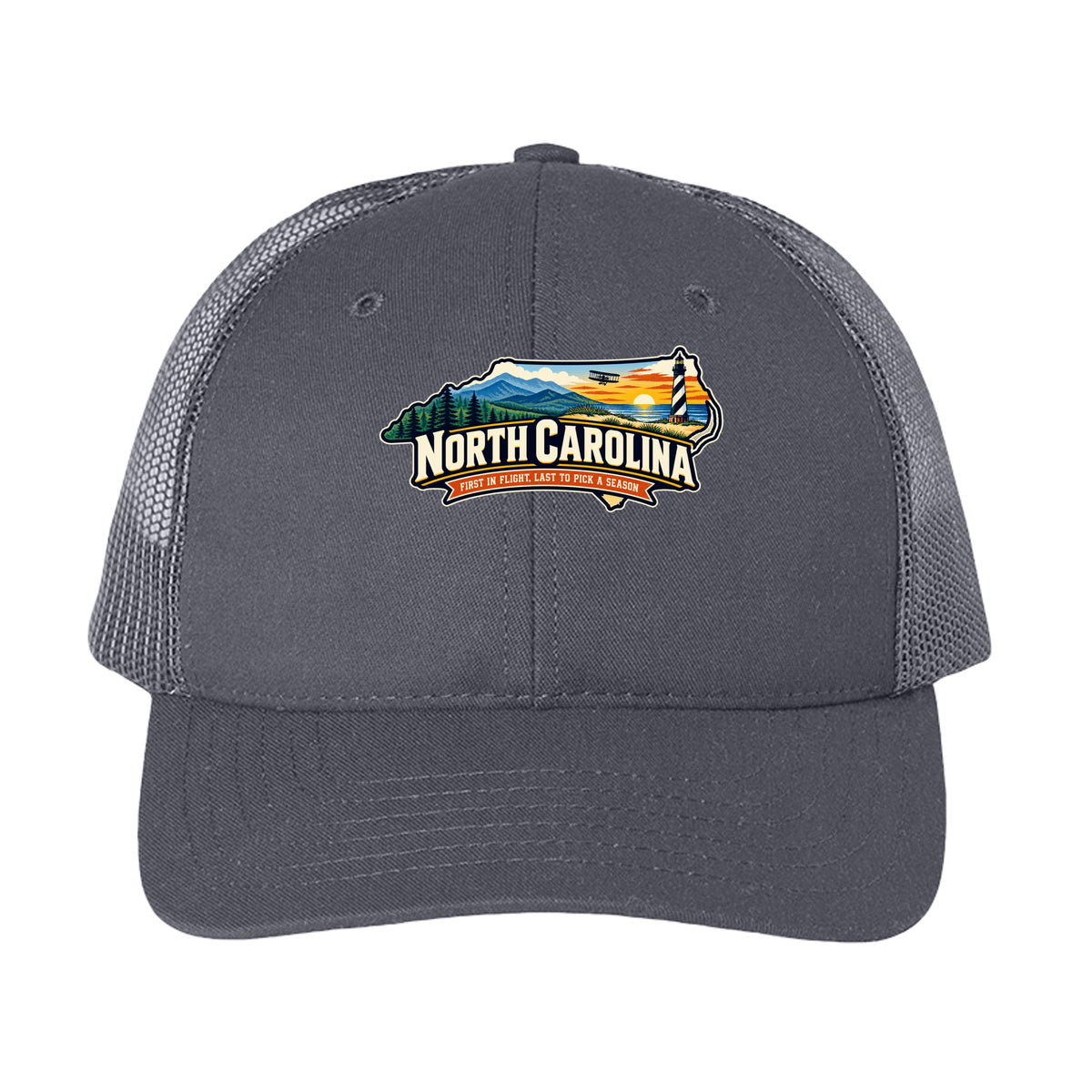 Charcoal Funny North Carolina “First in Flight, Last to Pick a Season” design on a USA-made trucker hat