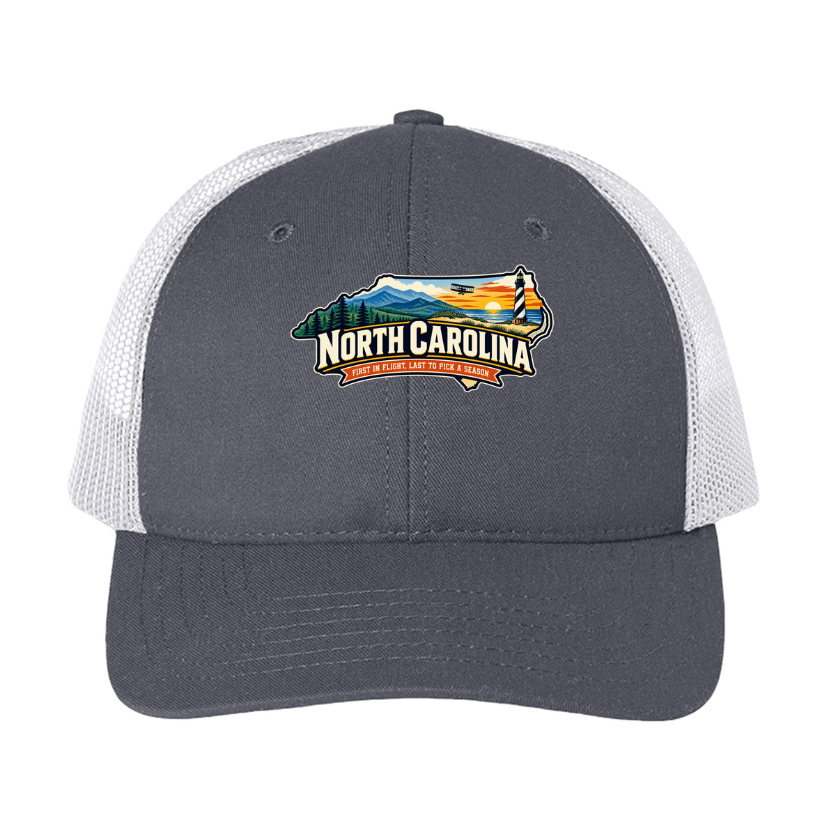 Charcoal & White Funny North Carolina “First in Flight, Last to Pick a Season” design on a USA-made trucker hat