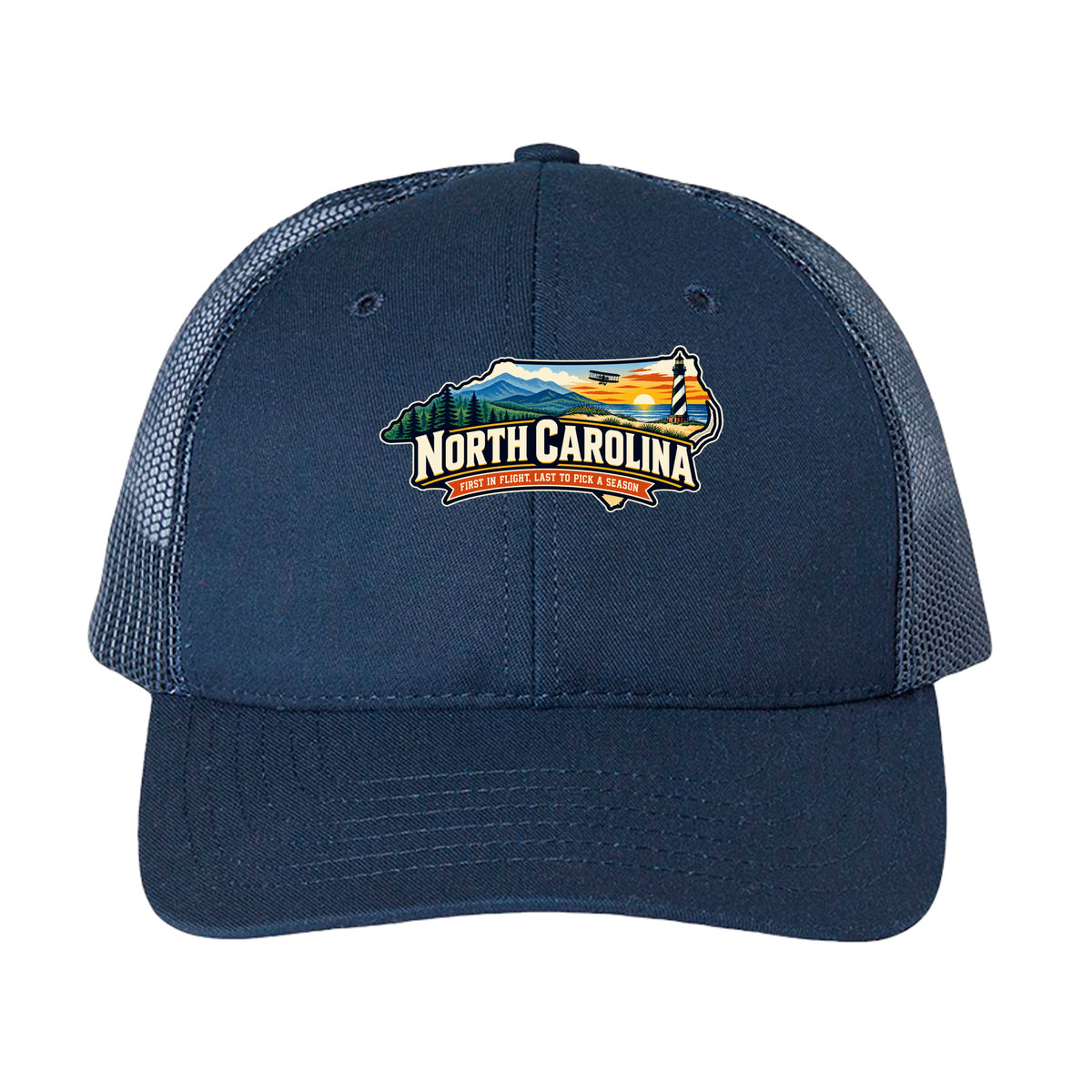 Navy & White Funny North Carolina “First in Flight, Last to Pick a Season” design on a USA-made trucker hat