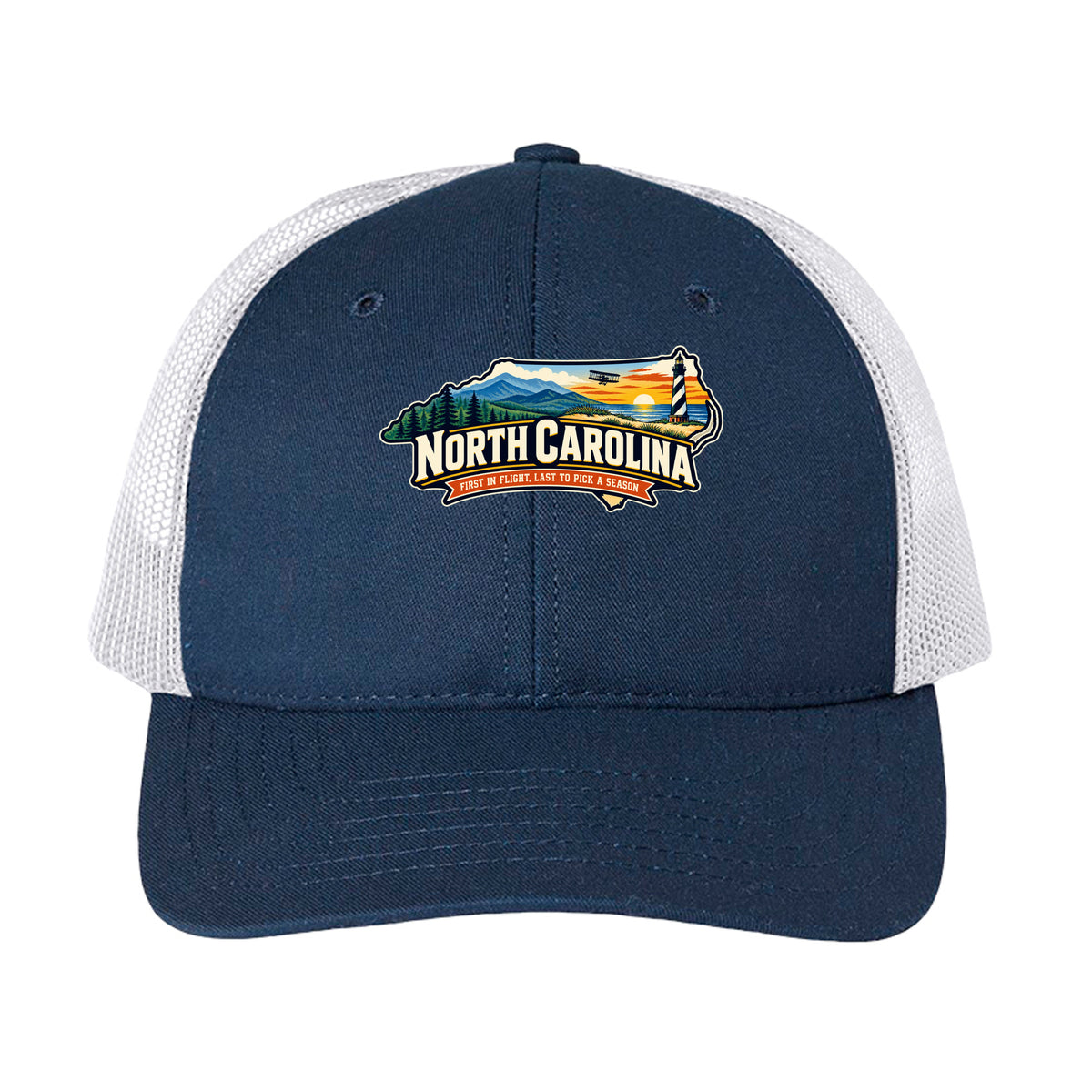 Navy & White Funny North Carolina “First in Flight, Last to Pick a Season” design on a USA-made trucker hat