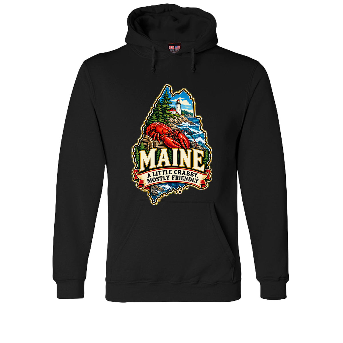 Black Maine hoodie with lobster, lighthouse, pine trees, and “A Little Crabby, Mostly Friendly” design.
