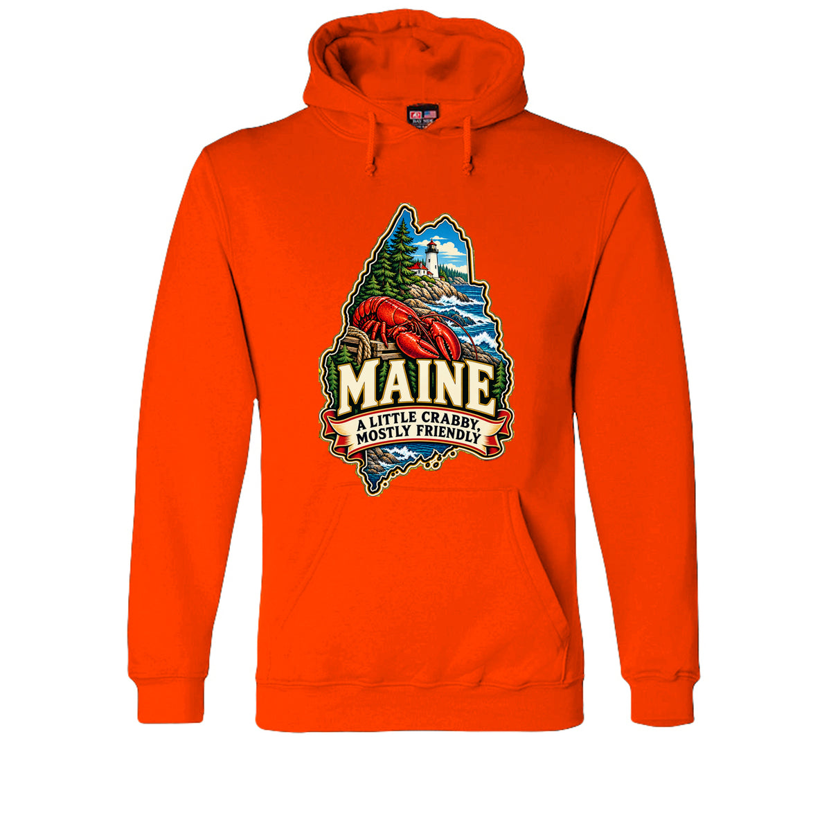 Bright Orange Maine hoodie with lobster, lighthouse, pine trees, and “A Little Crabby, Mostly Friendly” design.