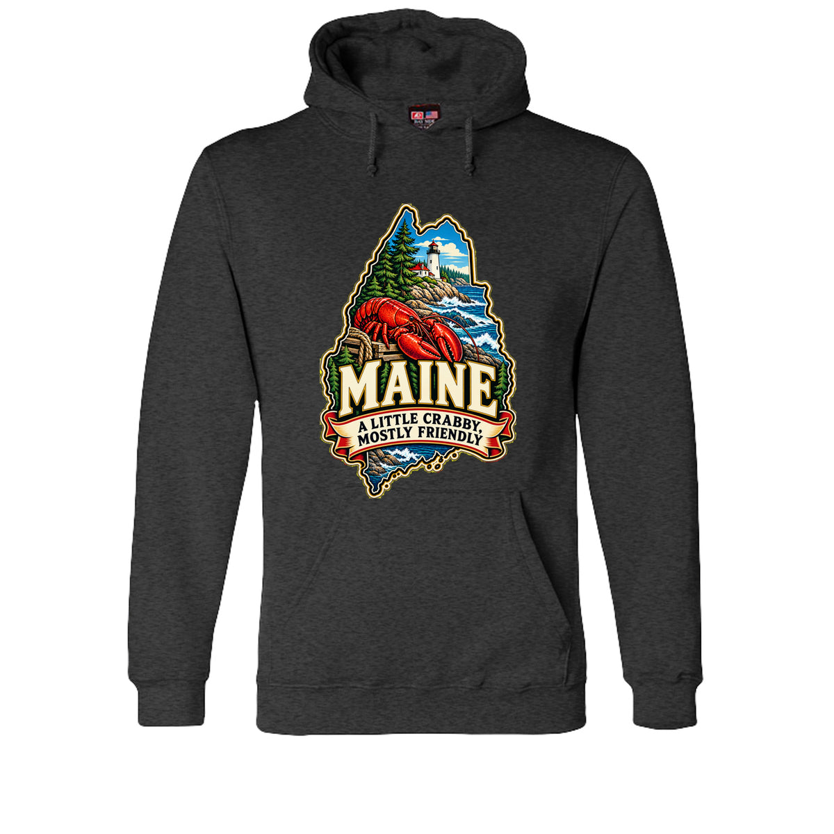 Charcoal Heather Maine hoodie with lobster, lighthouse, pine trees, and “A Little Crabby, Mostly Friendly” design.
