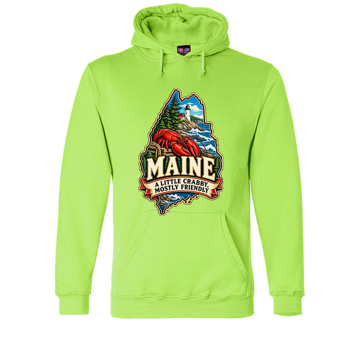 Lime Green Maine hoodie with lobster, lighthouse, pine trees, and “A Little Crabby, Mostly Friendly” design.