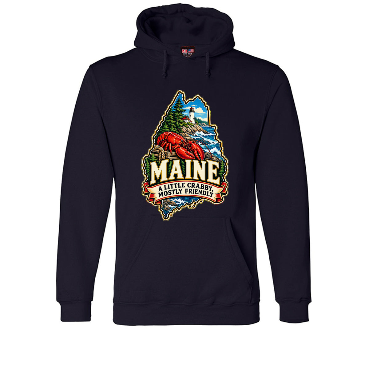Navy Maine hoodie with lobster, lighthouse, pine trees, and “A Little Crabby, Mostly Friendly” design.