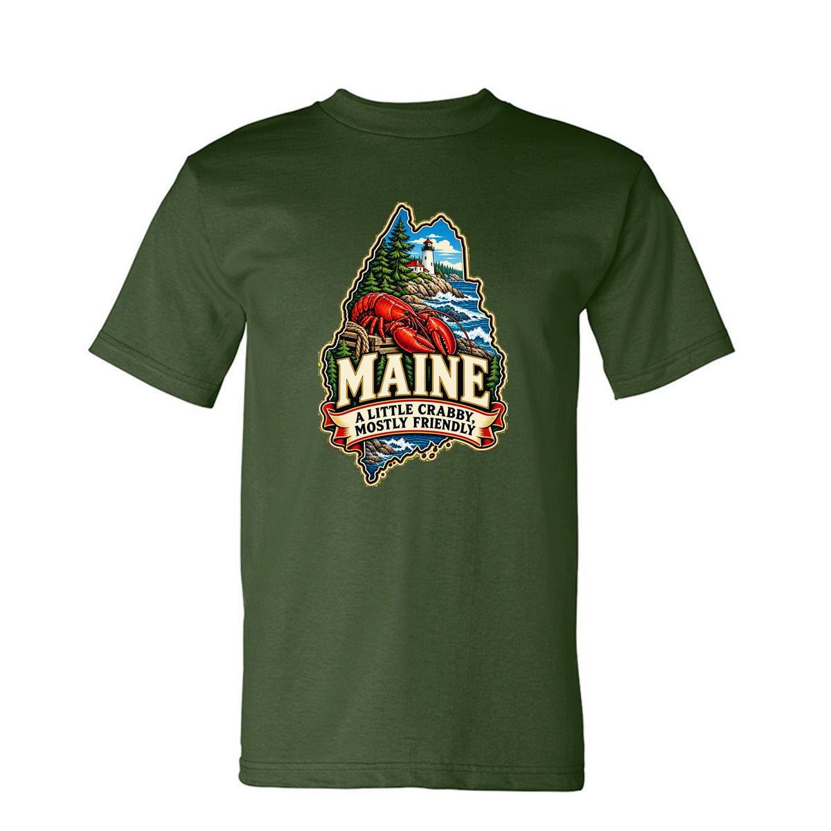 Army Maine T-shirt with lobster, lighthouse, pine trees, and “A Little Crabby, Mostly Friendly” design.