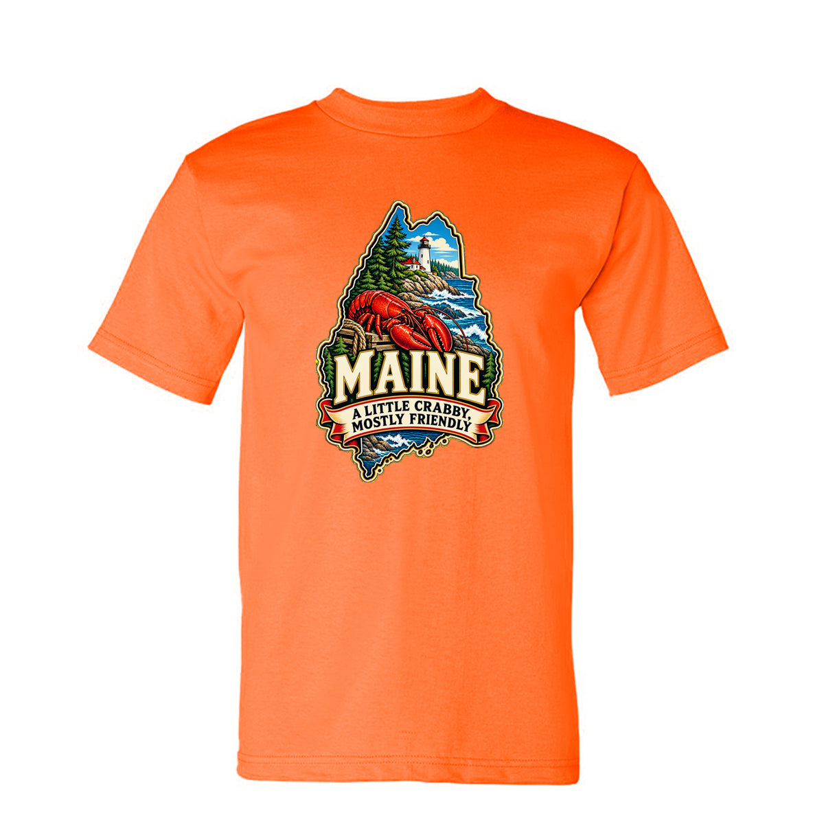 Bright Orange Maine T-shirt with lobster, lighthouse, pine trees, and “A Little Crabby, Mostly Friendly” design.