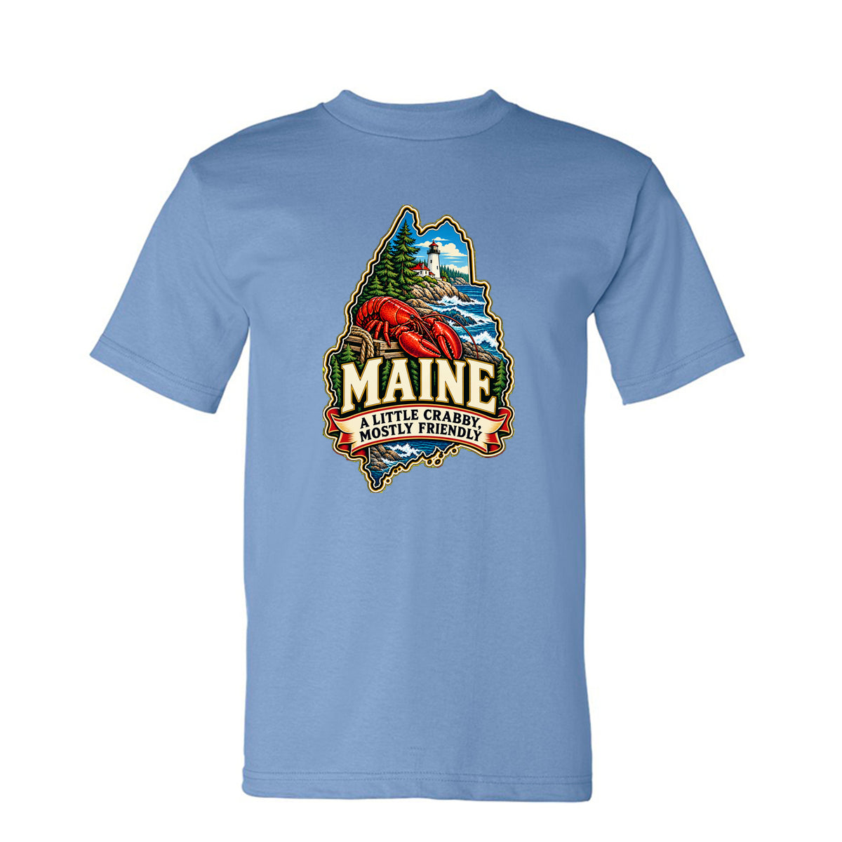 Carolina Blue Maine T-shirt with lobster, lighthouse, pine trees, and “A Little Crabby, Mostly Friendly” design.