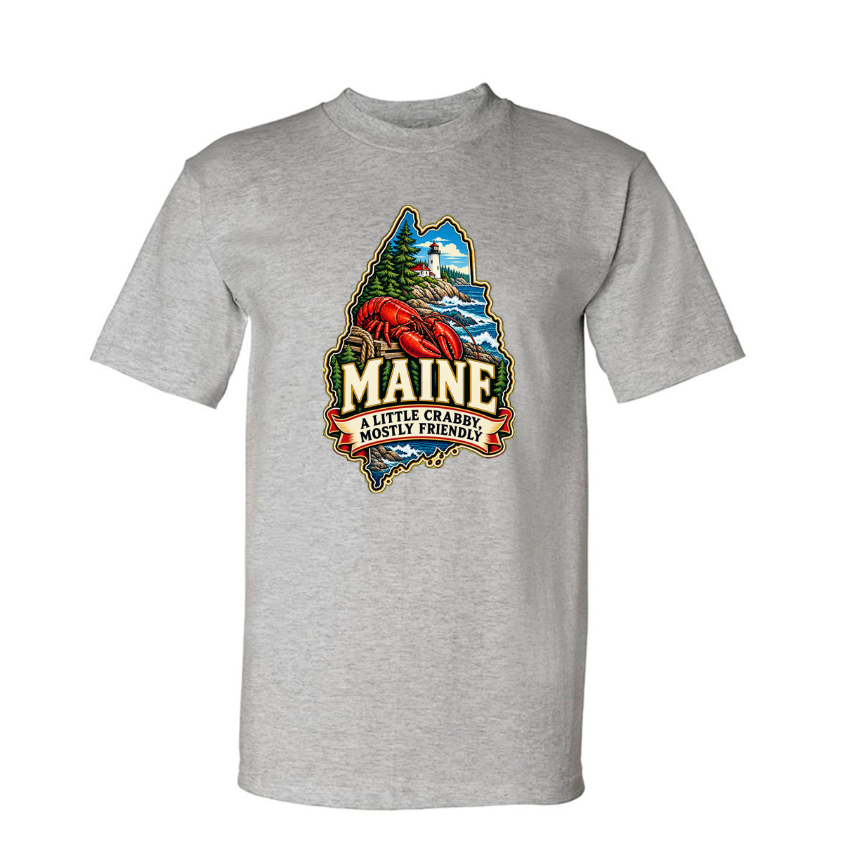 Dark Ash Maine T-shirt with lobster, lighthouse, pine trees, and “A Little Crabby, Mostly Friendly” design.