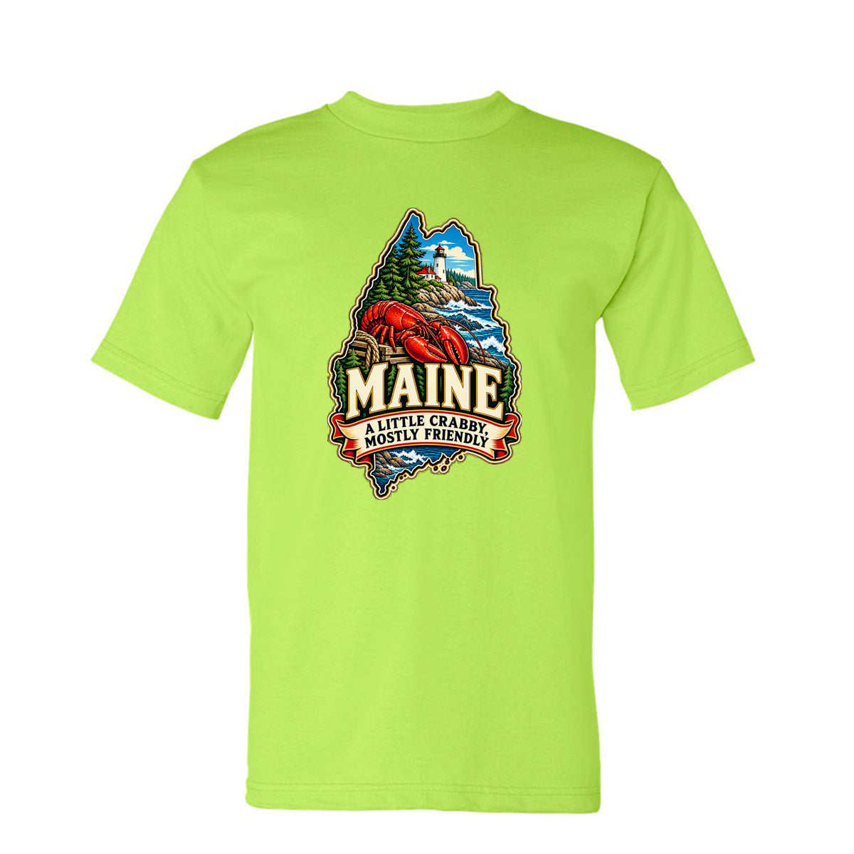 Lime Green Maine T-shirt with lobster, lighthouse, pine trees, and “A Little Crabby, Mostly Friendly” design.