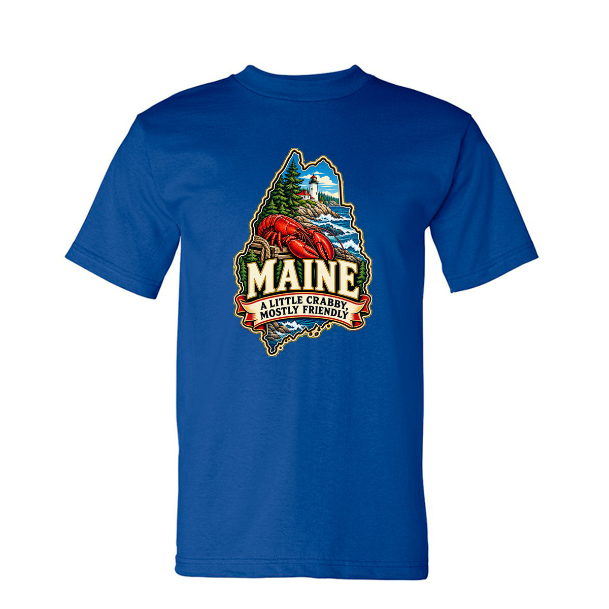 Royal Maine T-shirt with lobster, lighthouse, pine trees, and “A Little Crabby, Mostly Friendly” design.