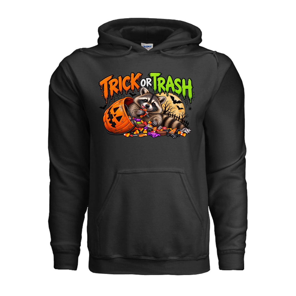 Black Trick or Trash Halloween graphic with a raccoon, orange pumpkin candy bucket, candy, glowing moon, bats, and spooky trees.