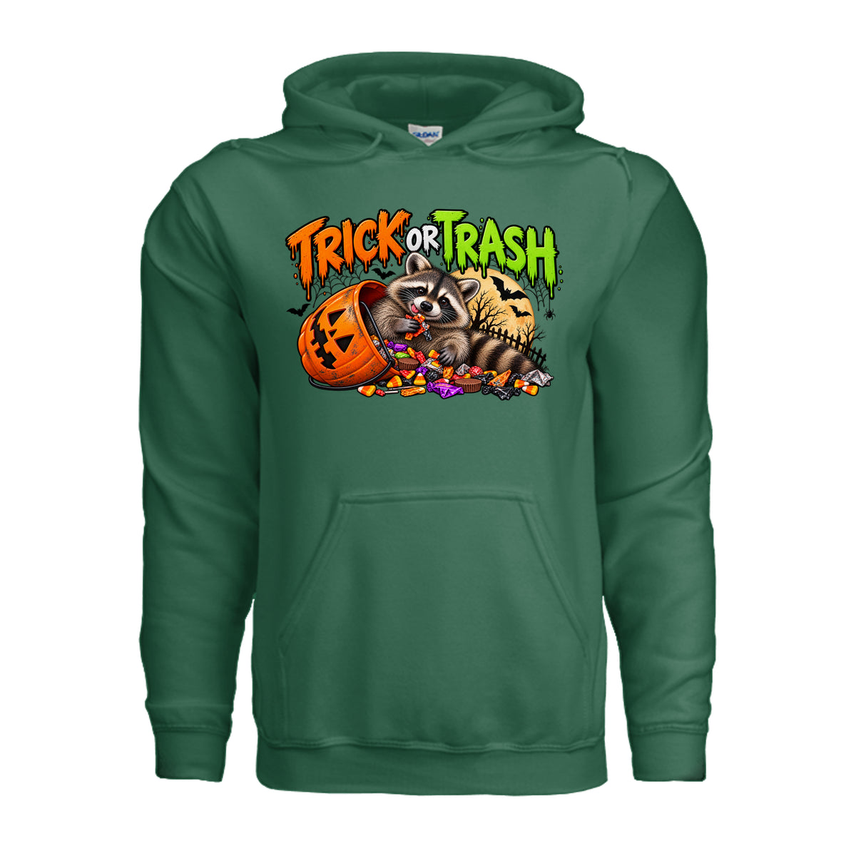 Fan Dark Green Trick or Trash Halloween graphic with a raccoon, orange pumpkin candy bucket, candy, glowing moon, bats, and spooky trees.