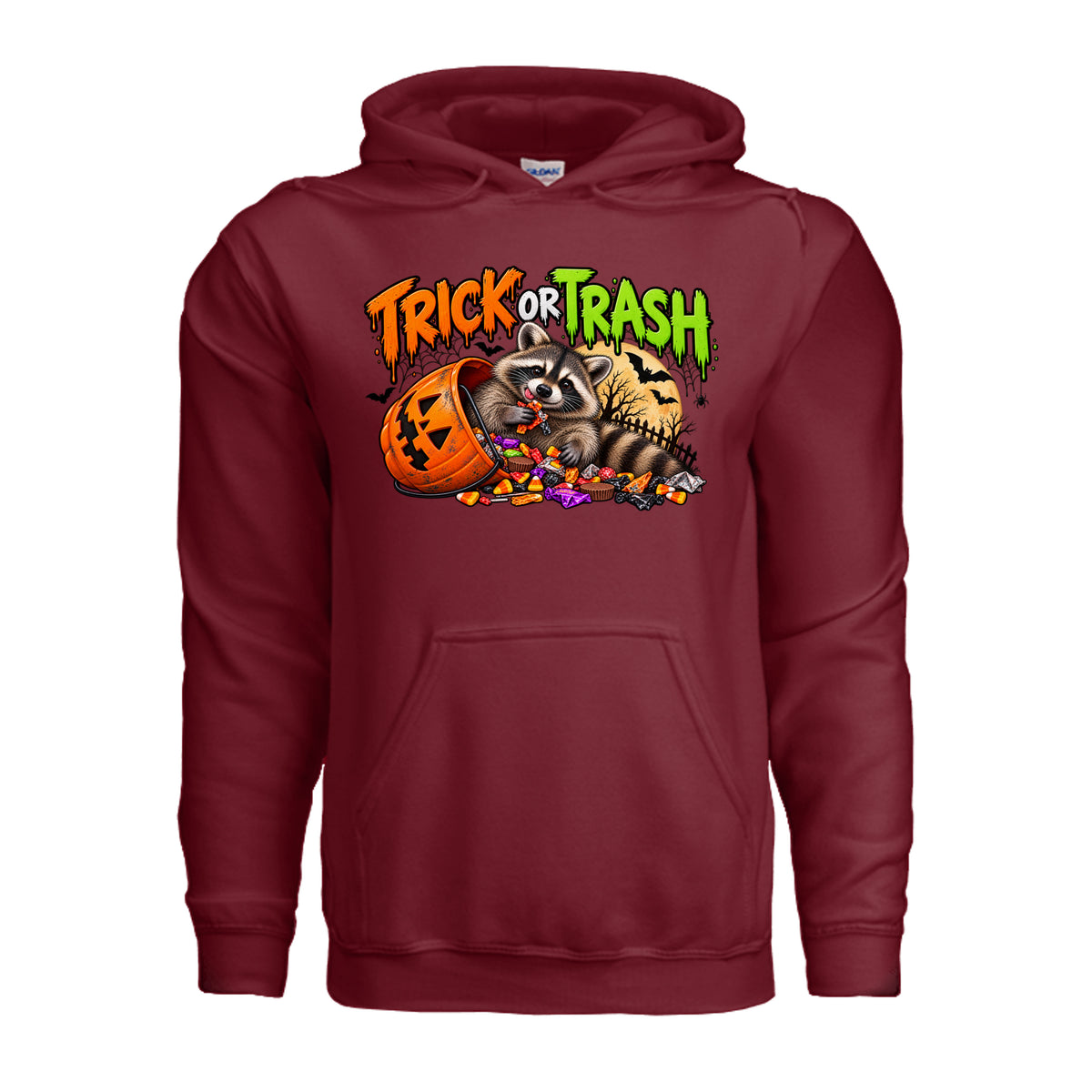 Garnet Trick or Trash Halloween graphic with a raccoon, orange pumpkin candy bucket, candy, glowing moon, bats, and spooky trees.
