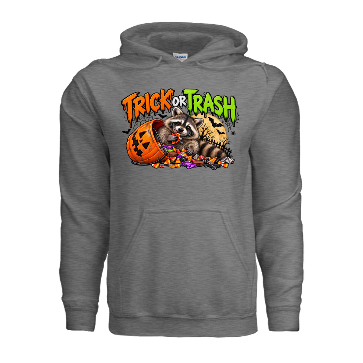 Graphite Heather Trick or Trash Halloween graphic with a raccoon, orange pumpkin candy bucket, candy, glowing moon, bats, and spooky trees.