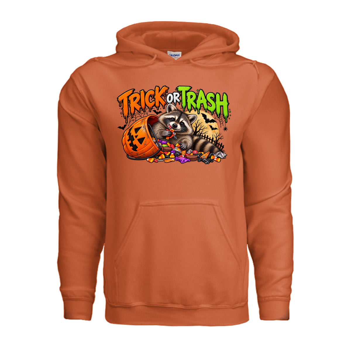 Orange Trick or Trash Halloween graphic with a raccoon, orange pumpkin candy bucket, candy, glowing moon, bats, and spooky trees.