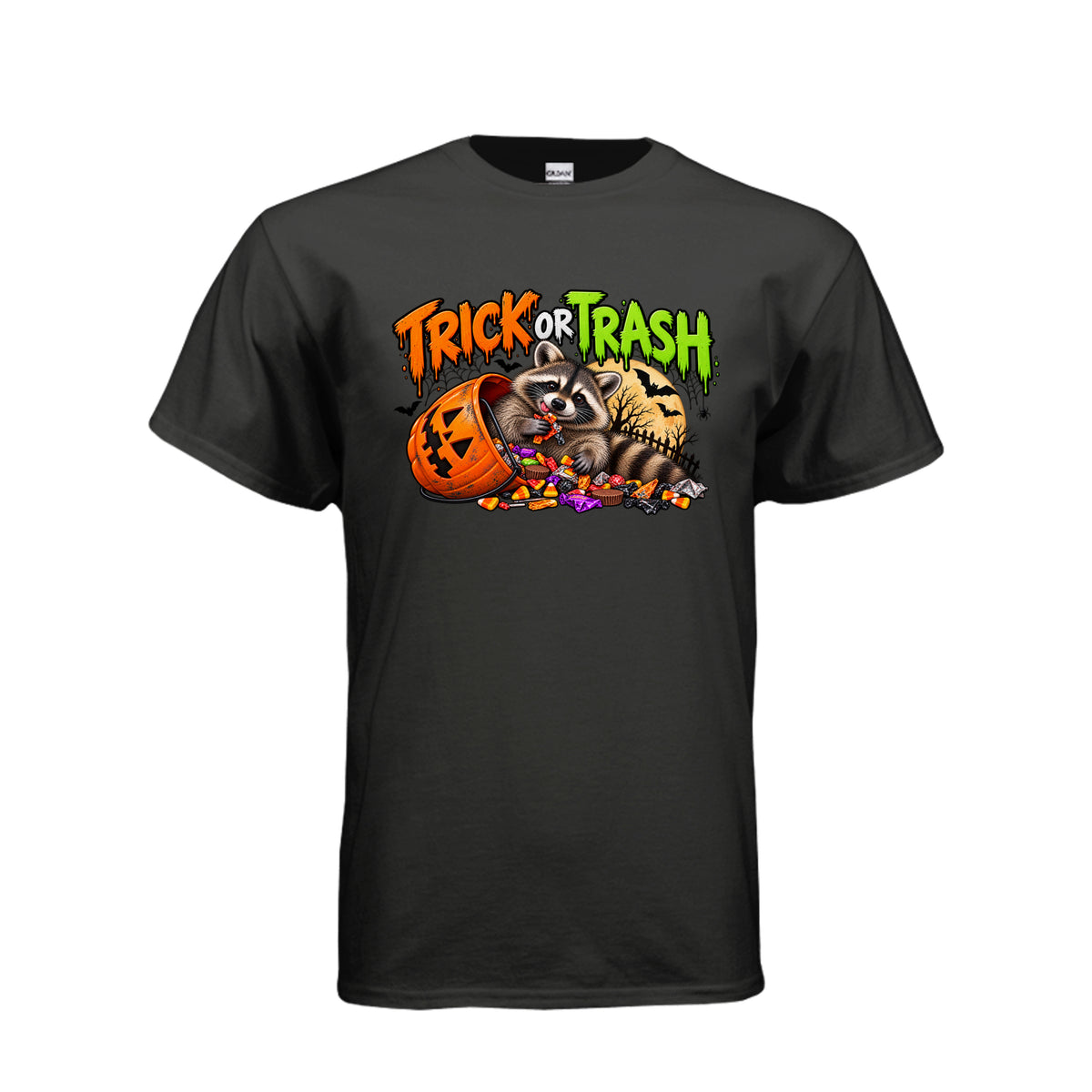 Black Trick or Trash Halloween graphic with a raccoon, orange pumpkin candy bucket, candy, glowing moon, bats, and spooky trees.