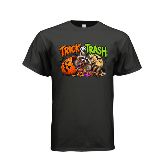 Black Trick or Trash Halloween graphic with a raccoon, orange pumpkin candy bucket, candy, glowing moon, bats, and spooky trees.