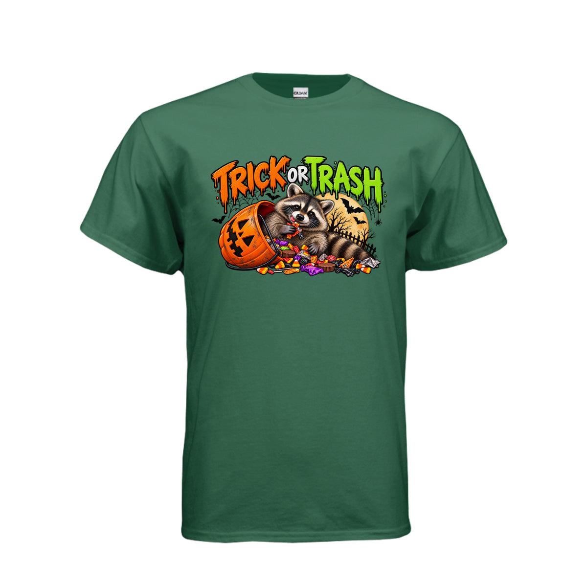 Fan Dark Green Trick or Trash Halloween graphic with a raccoon, orange pumpkin candy bucket, candy, glowing moon, bats, and spooky trees.