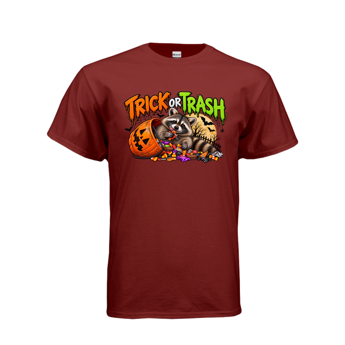 Garnet Trick or Trash Halloween graphic with a raccoon, orange pumpkin candy bucket, candy, glowing moon, bats, and spooky trees.