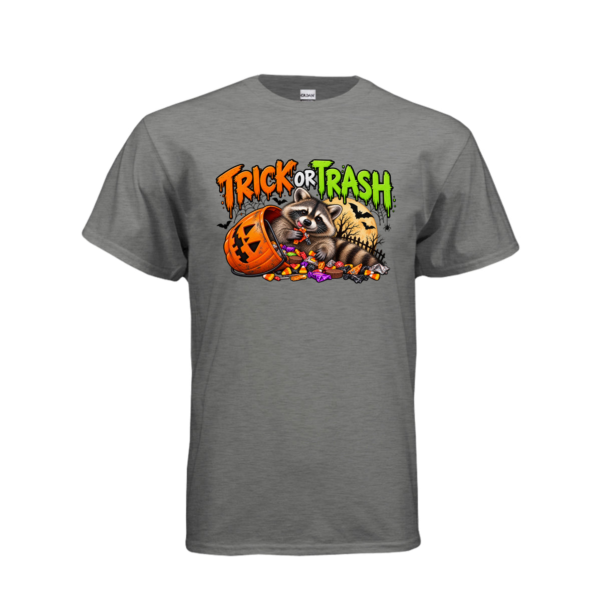 Graphite Heather Trick or Trash Halloween graphic with a raccoon, orange pumpkin candy bucket, candy, glowing moon, bats, and spooky trees.