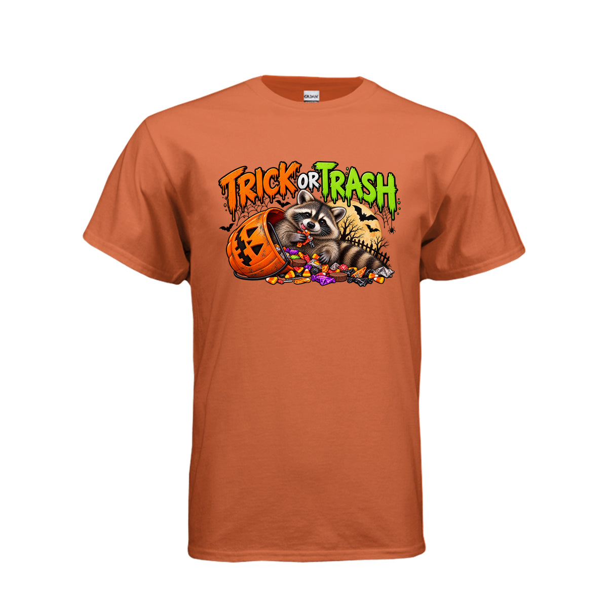 Orange Trick or Trash Halloween graphic with a raccoon, orange pumpkin candy bucket, candy, glowing moon, bats, and spooky trees.