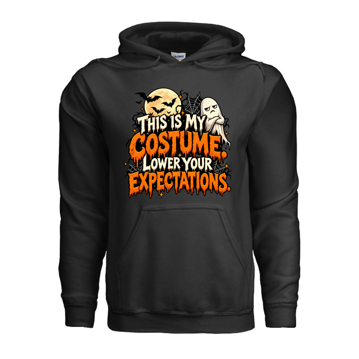 Black This Is My Costume Lower Your Expectations Halloween graphic with grumpy ghost, bats, glowing moon, spiderwebs, and orange and white lettering.