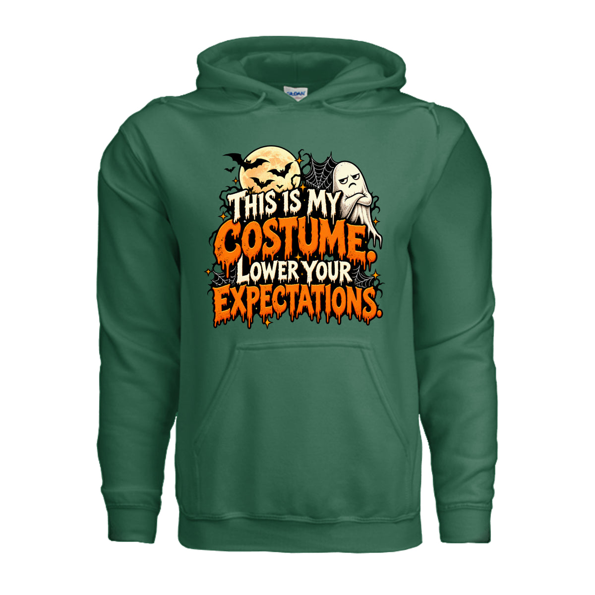 Fan Dark Green This Is My Costume Lower Your Expectations Halloween graphic with grumpy ghost, bats, glowing moon, spiderwebs, and orange and white lettering.