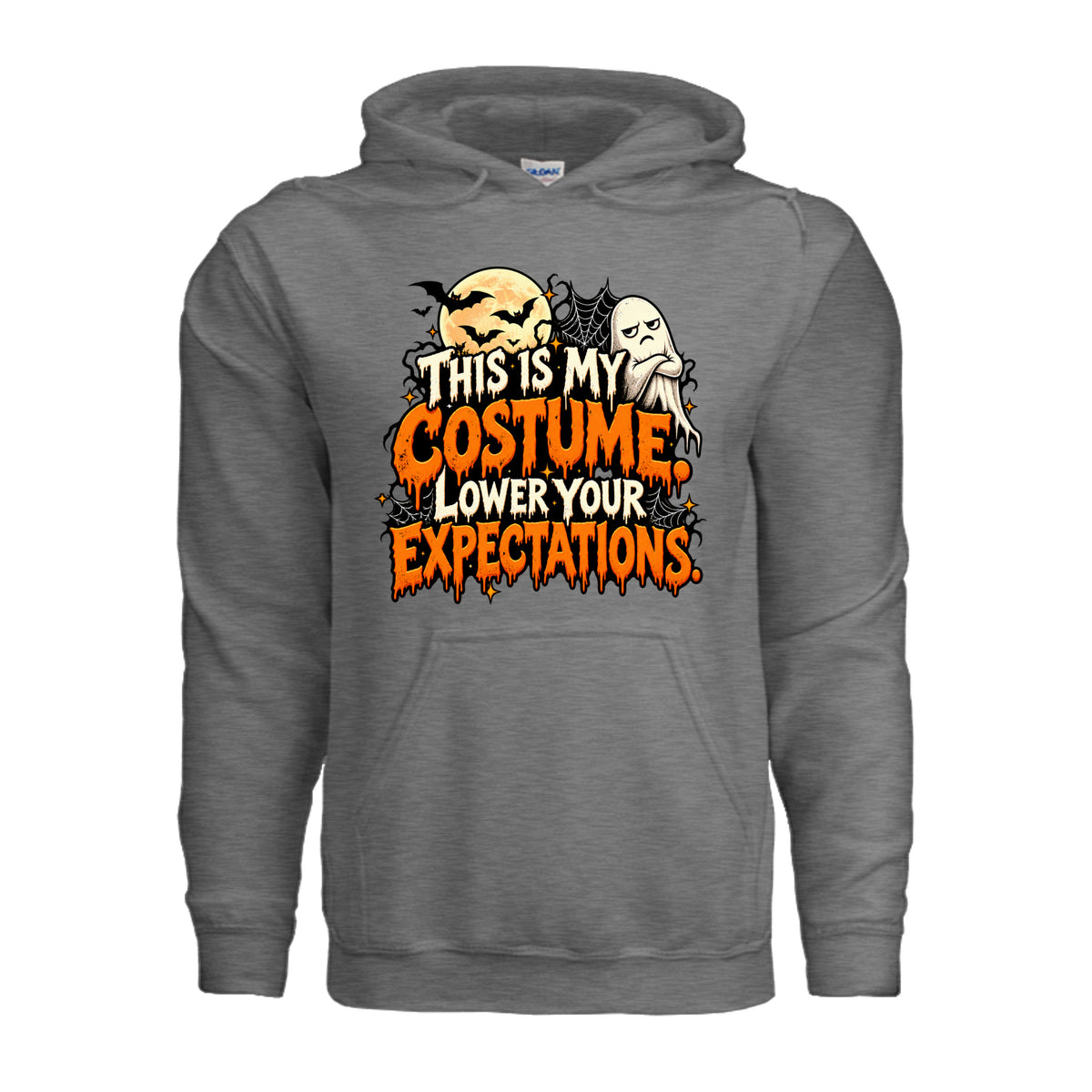 Graphite Heather This Is My Costume Lower Your Expectations Halloween graphic with grumpy ghost, bats, glowing moon, spiderwebs, and orange and white lettering.